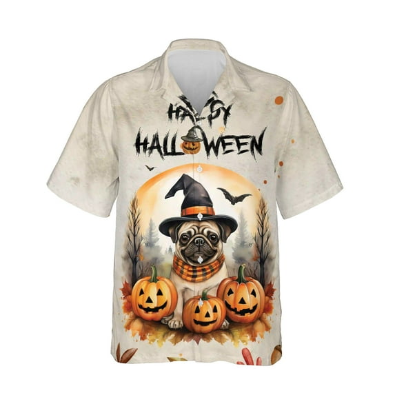 Happy Halloween Pug Witches Hat Pumpkin Carving Hawaiian Shirt Breathable Summer Unisex Merch Dog Lover Gifts - 02019