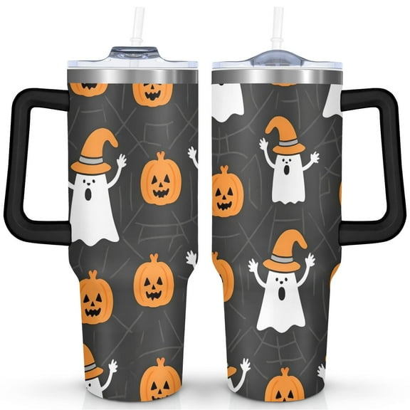 Happy Halloween Pumpkin Cup with Handle and Straws 40 oz Vacuum Insulated Halloween Travel Mug Birthday Present for Men Dad Son Husband Gifts for Him/Her Water Bottle