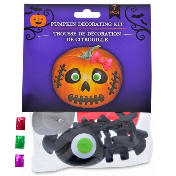 Happy Halloween Pumpkin Decorating Kit, 7-Pc No-Carve DIY Plastic Set, Female Ghoul with Pink Bow, Halloween Craft Decor with Noelle's Delight