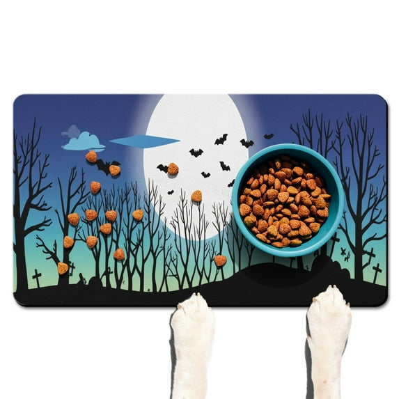 Happy Halloween Pumpkin Dog Food Mats for Floors Absorbent No-Slip 17x30 Inch Cat Food Mat Spider Bat Cat Mat for Food EcoFriendly Durable Pet Placemat