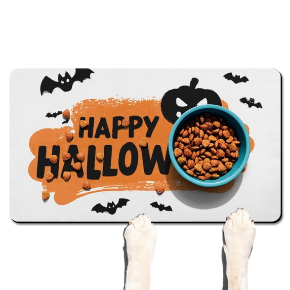 Happy Halloween Pumpkin Dog Food Mats for Floors Absorbent No-Slip 17x30 Inch Pet Food Mat Evil Pumpkin Ghost Pet Feeding Mat Dog Water Bowl Mat for Messy Drinker