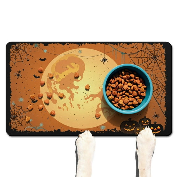 Happy Halloween Pumpkin Dog Food Mats for Floors Absorbent Water Non-Skid 17x30 Inch Dog Water Mat Horror Pumpkin Ghost Cat Feeding Mat Dog Water Bowl Mat for Messy Drinker
