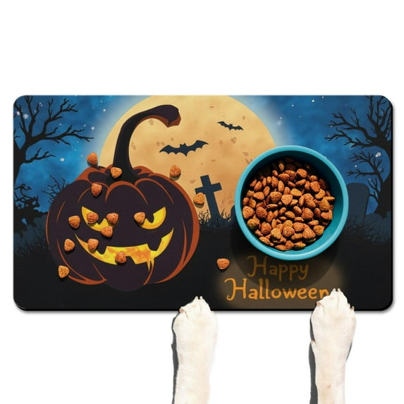 Happy Halloween Pumpkin Dog Mat for Food and Water Absobing Durable 17x30 Inch Cat Food Mat Pumpkin Spooky Pet Feeding Mat Dog Water Bowl Mat for Messy Drinker
