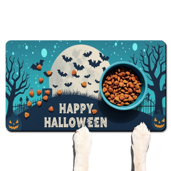 Happy Halloween Pumpkin Dog Mat for Food and Water Absobing Durable 17x30 Inch Pet Food Mat Spider Bat Cat Mat for Food EcoFriendly Durable Pet Placemat