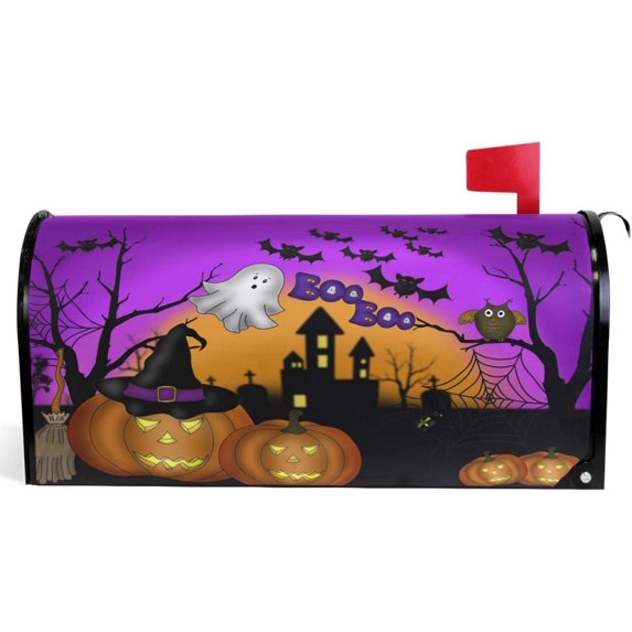 Happy Halloween Pumpkin Gost Trick or Treat Mailbox Covers Large Ghost Owl Bat Castle Boo Purple Magnetic Mail Cover Letter Post Box Oversized 25.5" L X 21" W