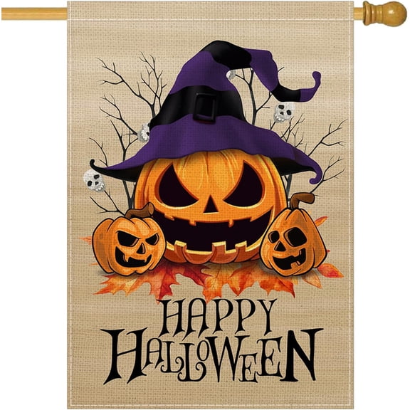 Happy Halloween Pumpkin House Flags for Outside Decoration Happy Scary Night Witch Hat Jack-o-Lantern Skull Bat Small Yard Flag Evil Halloween Farmhouse Holiday Outdoor Decor 28x40 Inch Double Sided