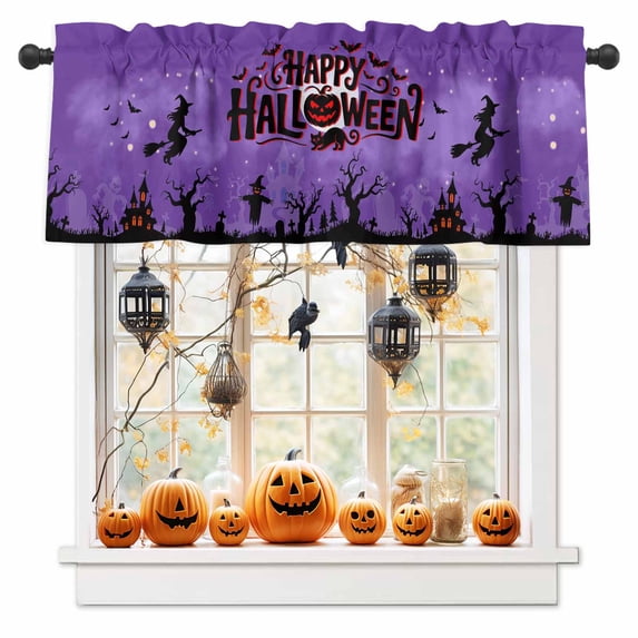 Happy Halloween Pumpkin Moon on Purple Curtain Valances for Kitchen Windows,Rod Pocket Short Valance Horror Night Bats Small Window Treatment for Living Room Bathroom Bedroom,54" x 18"-1 Panel