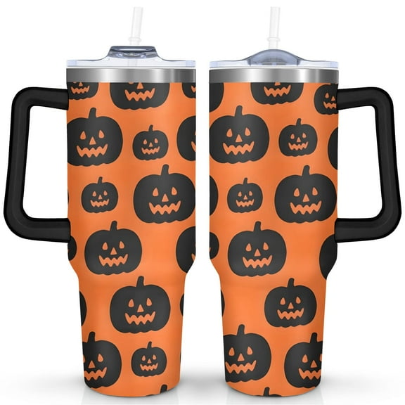 Happy Halloween Pumpkin Tumbler with Handle and Straws 40 oz Stainless Steel Halloween Travel Coffee Mug Birthday Present for Men Dad Son Husband Gifts for Him/Her Water Bottle