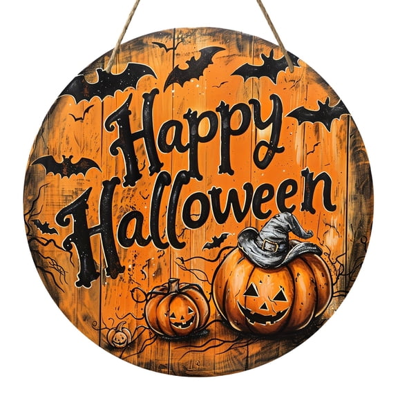 Happy Halloween Pumpkin Wooden Circular Logo Decorative Board Fall Autumn Thanksgiving Harvest Festival Decor Rustic Farmhouse Vintage Country Classic Decor