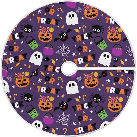 Happy Halloween Purple Pumpkin Fall Christmas Tree Skirt Decorations Trick or Treat Spooky Ghost Xmas Tree Mat 48 inch for Holiday Party Supplies Rustic Ornaments Large Tree Skirt