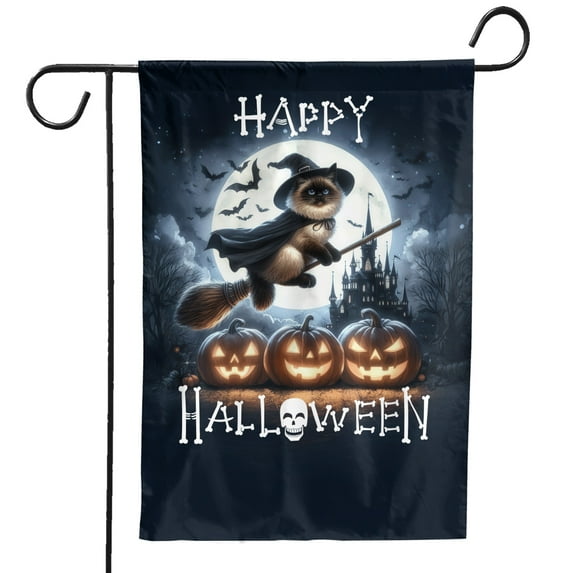 Happy Halloween Ragdoll Witch Pumpkins Bats Garden Flag 12x18in Double Sided Cat Lover Kitten Owner Gifts Idea Outdoor Decor - 13012