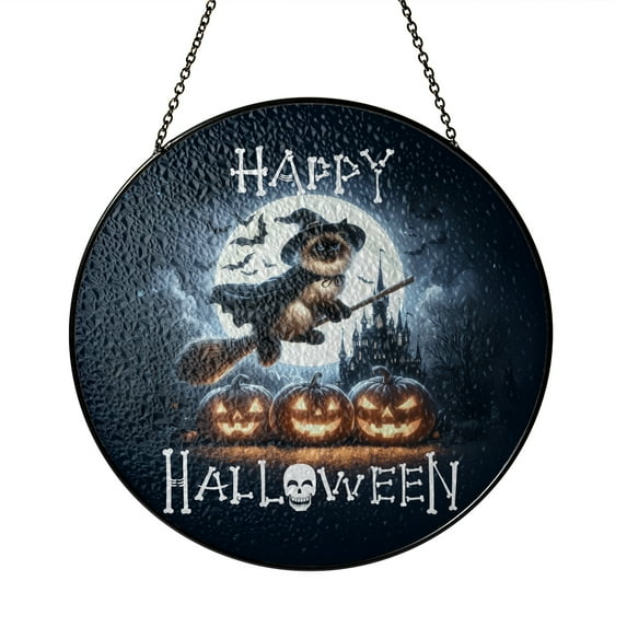 Happy Halloween Ragdoll Witch Pumpkins Bats Stained Glass Suncatcher Cat Lover Kitten Owner Gifts Idea Window Hanging Sign Decor - 13012