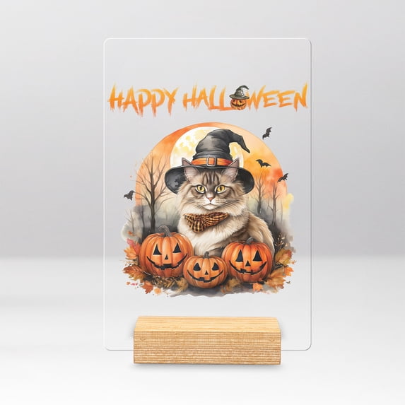 Happy Halloween Ragdoll Witches Hat Pumpkin Carving Acrylic Plaque Sign Ashwood Base Cat Lover Kitten Owner Gifts Idea Home Desk Decor - 02019