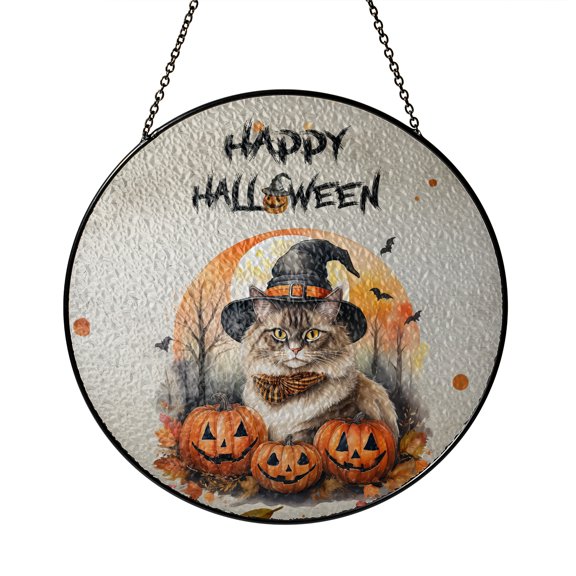 Happy Halloween Ragdoll Witches Hat Pumpkin Carving Stained Glass Suncatcher Cat Lover Kitten Owner Gifts Idea Window Hanging Sign Decor - 02019