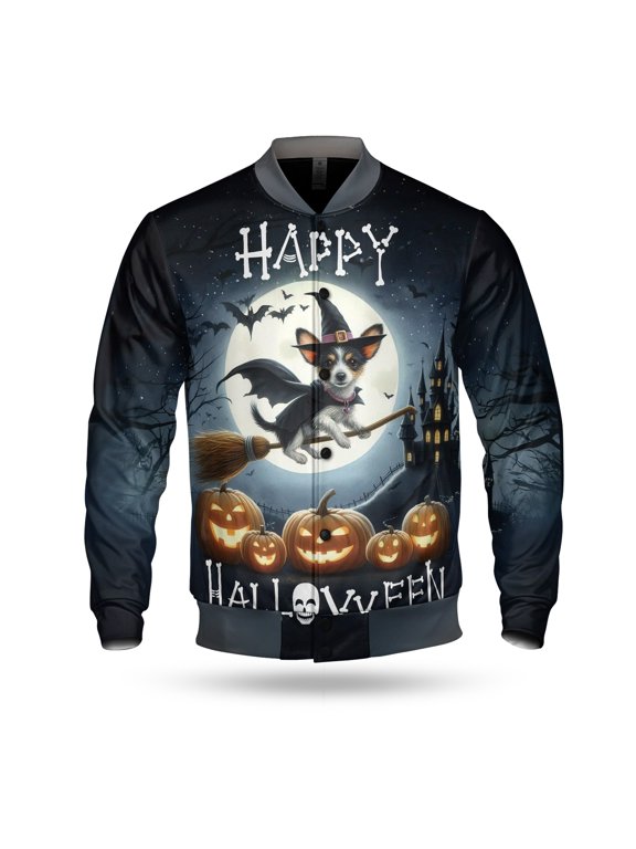 Happy Halloween Rat Terrier Witch Pumpkins Bats All Over Print 3D Baseball Jacket Ratty Dog Lover Bomber Jacket Softball - 13012