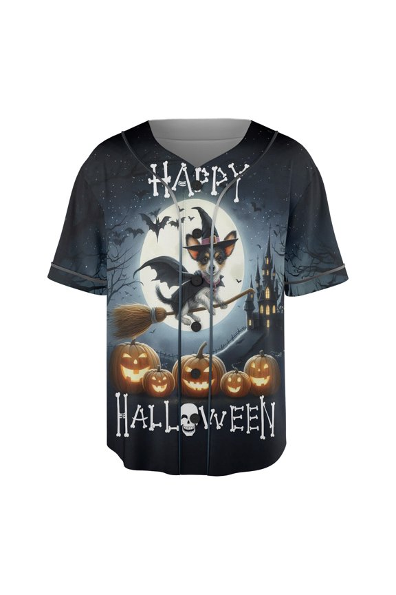 Happy Halloween Rat Terrier Witch Pumpkins Bats All Over Print 3D Baseball Shirt Ratty Dog Lover Softball Sport - 13012