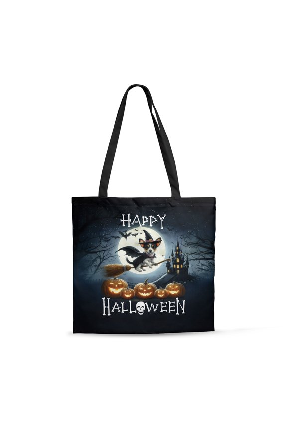 Happy Halloween Rat Terrier Witch Pumpkins Bats All Over Print 3D Canvas Tote Bag Ratty Dog Lover Reusable Handbag - 13012