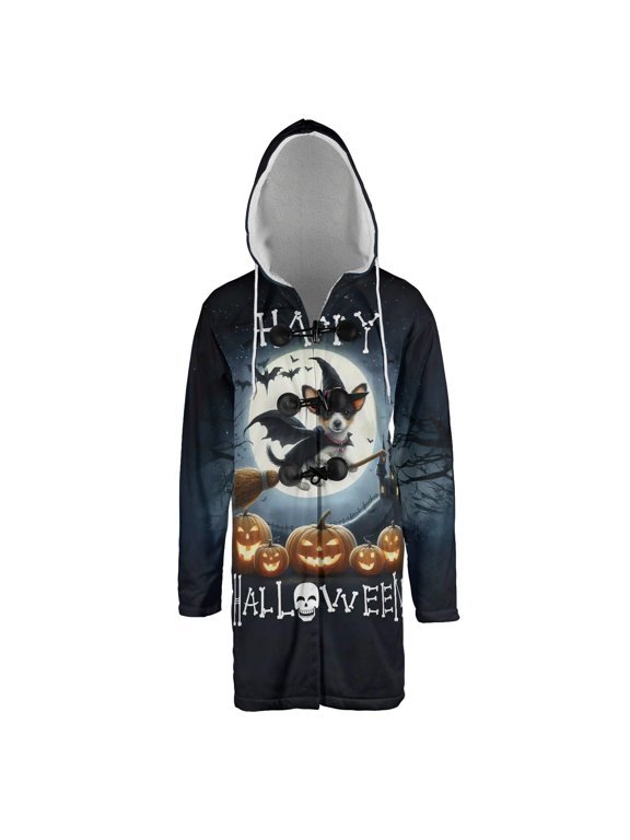 Happy Halloween Rat Terrier Witch Pumpkins Bats All Over Print 3D Hooded Duffle Toggle Coat Ratty Dog Lover - 13012