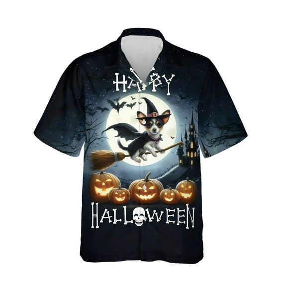 Happy Halloween Rat Terrier Witch Pumpkins Bats Hawaiian Shirt Breathable Summer Unisex Merch Ratty Dog Lover - 13012