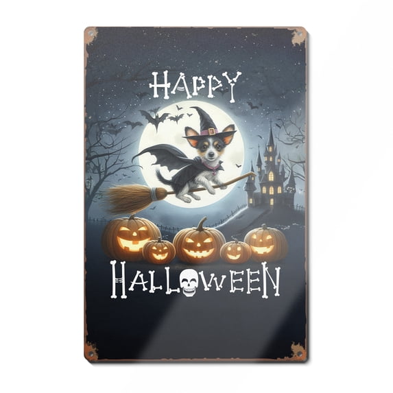 Happy Halloween Rat Terrier Witch Pumpkins Bats Vertical Metal Aluminum Sign Ratty Dog Lover Wall Art Home Decor - 13012