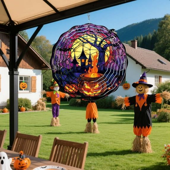 Happy Halloween Rotating Wind Chime Decor with Friendly Ghost Pendants - Outdoor Safe Hanging Ornament for Porch and Tree