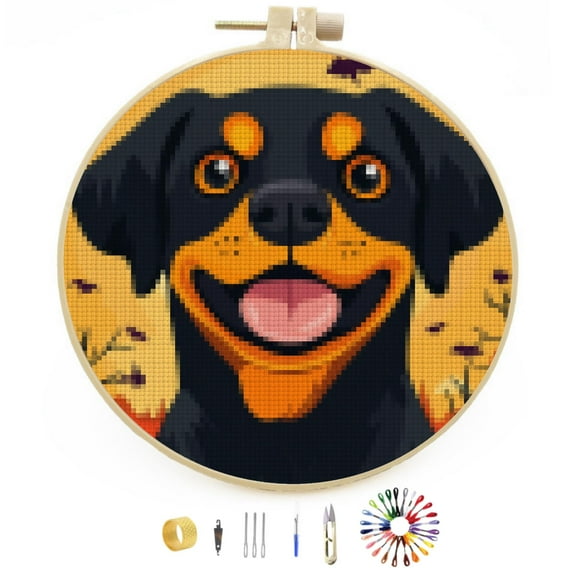 Happy Halloween Rottweiller Dog DIY Stamped Cross Stitch Kits Easy for Beginners with Hoop 11CT Counted Embroidery Needlepoint Crafts Arts for Handmade Enthusiasts and Home Decor 30x30cm(2)