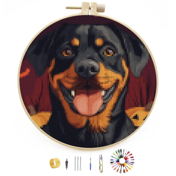 Happy Halloween Rottweiller Dog DIY Stamped Cross Stitch Kits Easy for Beginners with Hoop 11CT Counted Embroidery Needlepoint Crafts Arts for Handmade Enthusiasts and Home Decor 30x30cm(4)