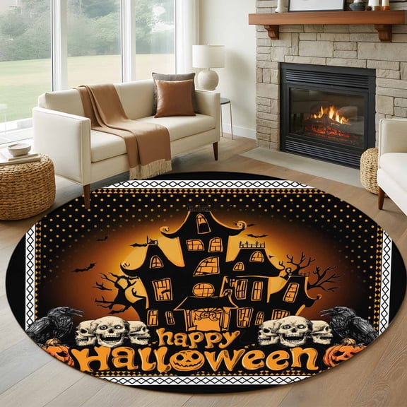 Happy Halloween Round Area Rug 6Ft Washable Circle Rugs for Bathroom Office, Orange Scary Black Castle Skull Birds Non-Slip Carpet Floor Mats Indoor Outdoor Carpet Runner Aesthetic Home Decor