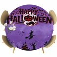 thumbnail image 1 of Happy Halloween Round Tablecloth 36-44 Inch Round Fitted Table Cloth with Elastic Edge, Pumpkin Witch Castle Cat Tree Purple Black Waterproof Table Cover Protector for Outdoor Picnic Party Dining, 1 of 6