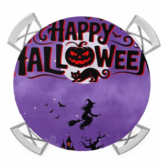 Happy Halloween Round Tablecloth for 36-44 Inch Tables,Fitted Table Cover with Elastic Edge,Pumpkin Witch Castle Cat Tree Purple Black Waterproof Outdoor Table Cloth Protector for Patio Garden Dinner
