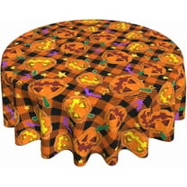 Happy Halloween Round Tablecloth 60 Inch Spooky Pumpkins Bats Checkered Circle Table Cover Orange Black Buffalo Plaids Table Cloth Washable Polyester for Dining Kitchen Party Holiday Decor