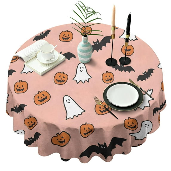 Happy Halloween Round Tablecloth Wrinkle Resistant Washable Tablecolths Evil Pumpkin Ghost Tablecloth for Halloween Background Indoor and Outdoor Birthday (60x60 inches)