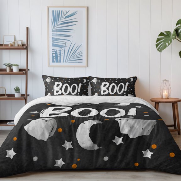 Happy Halloween Scary White Ghost California King Size Bed Set,Night Star Moon Universe Bedding for All Seasons,4 Pcs Bed Set with 1 Quiltcover (96"x104"),1 Sheet (110"x98"),2 Pillowcases (20"x36")