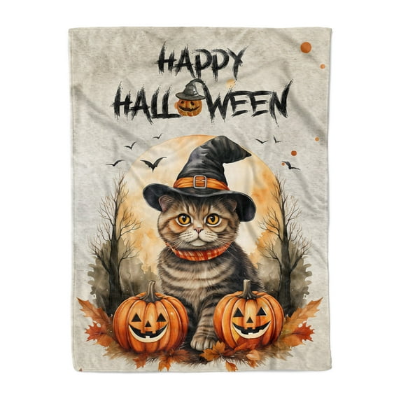 Happy Halloween Scottish Fold Witches Hat Pumpkin Carving Cozy Fleece Blanket Cat Lover Kitten Owner Gifts Warm Soft Throw Blanket - 02019