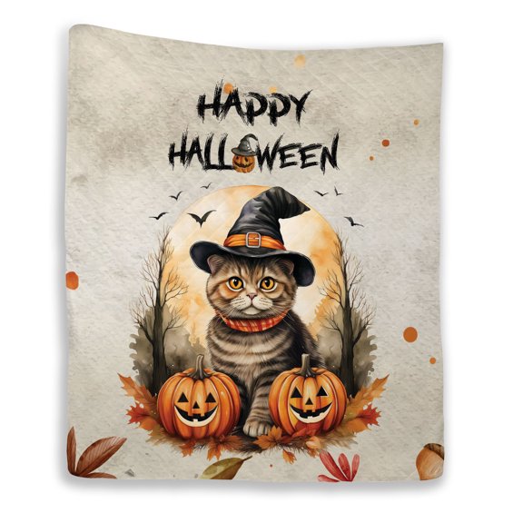 Happy Halloween Scottish Fold Witches Hat Pumpkin Carving Quilt Blanket Cat Lover Kitten Owner Gifts Cozy Comforter Throw Blanket - 02019