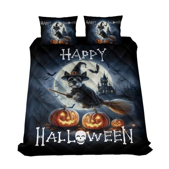 Happy Halloween Scottish Terrier Witch Pumpkins Bats Quilt Bedding Set Scottie Dog Lover Gifts 1 Blanket Bed Cover 2 Pillowcases - 13012