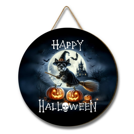 Happy Halloween Scottish Terrier Witch Pumpkins Bats Round Wood Sign Scottie Dog Lover Gifts Hanging Wall Home Decor - 13012