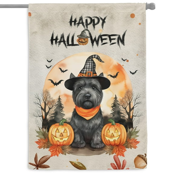Happy Halloween Scottish Terrier Witches Hat Pumpkin Carving House Flag 28x40in Double Sided Scottie Dog Lover Gifts Outdoor Decor - 02019