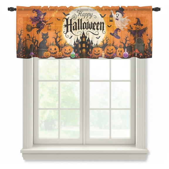 Happy Halloween Semi Sheer Valance Curtains, Haunted Castle Pumpkins Witch Flying Ghosts Voile Valances Curtain Rod Pocket Small Window Treatment for Kitchen Bathroom Cafe 54"x18"