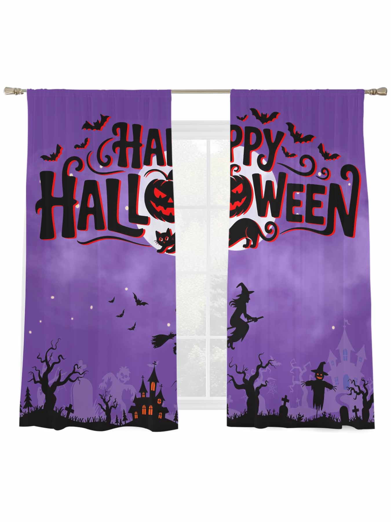 Halloween Spider Web Sheer Curtains - Silver Foil Print On Black, 2 Panels 52x63 Inches, Rod Pocket Light Filtering, Halloween Decor