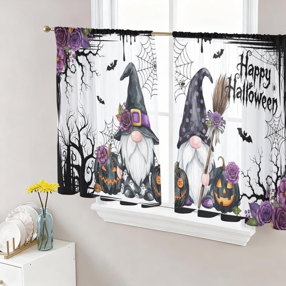 Happy Halloween Sheer Curtains for Living Room Bedroom, Spooky Gnomes Dark Vintage Purple Rose Goth Pumpkin Light Filtering Sheer Curtain Rod Pocket Voile Window Treaments Drapes, 52 x 45 Inches