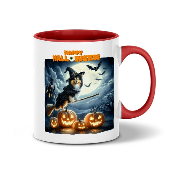 Happy Halloween Shetland Sheepdog Witch Pumpkins Bats 11oz Accent Two-tone Mug Sheltie Dog Lover Gifts Coffee Tea Cup - 13012