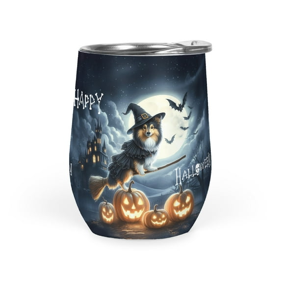 Happy Halloween Shetland Sheepdog Witch Pumpkins Bats 12oz Stainless Steel Wine Tumbler Insulated Cup with Lid Sheltie Dog Lover Gifts - 13012
