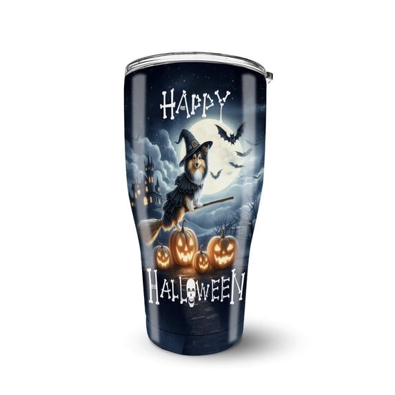 Happy Halloween Shetland Sheepdog Witch Pumpkins Bats 30oz Stainless Steel Tumbler Insulated Cup with Lid Sheltie Dog Lover Gifts - 13012