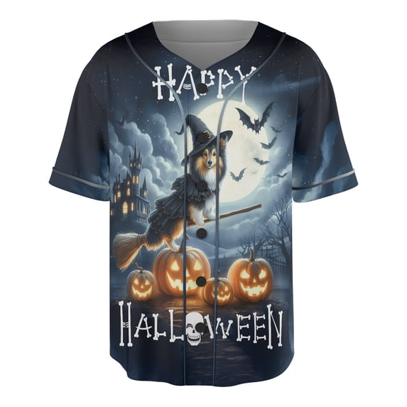 Happy Halloween Shetland Sheepdog Witch Pumpkins Bats All Over Print 3D Baseball Shirt Sheltie Dog Lover Gifts Softball Sport - 13012