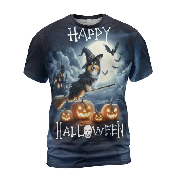 Happy Halloween Shetland Sheepdog Witch Pumpkins Bats All Over Print 3D Shirt Unisex Merch Sheltie Dog Lover Gifts - 13012