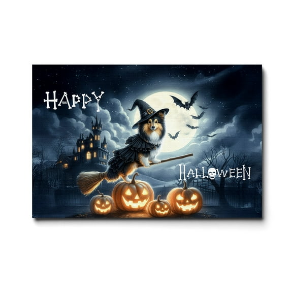 Happy Halloween Shetland Sheepdog Witch Pumpkins Bats Horizontal Matte Canvas Poster Sheltie Dog Lover Gifts Wall Art Home Decor - 13012