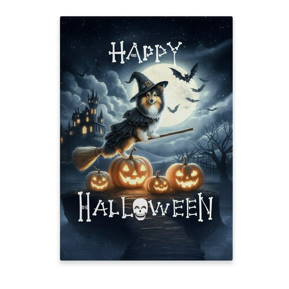 Happy Halloween Shetland Sheepdog Witch Pumpkins Bats Vertical Matte Canvas Poster Sheltie Dog Lover Gifts Wall Art Home Decor - 13012