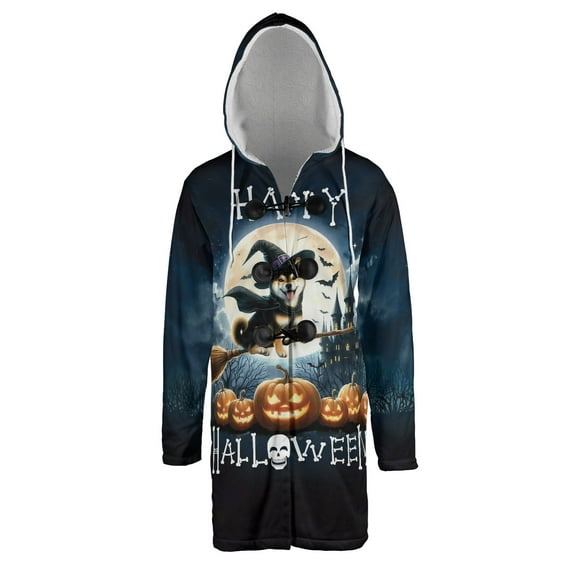 Happy Halloween Shiba Inu Witch Pumpkins Bats All Over Print 3D Hooded Duffle Toggle Coat Shibas Dog Lovers Gifts Idea - 13012