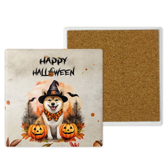 Happy Halloween Shiba Inu Witches Hat Pumpkin Carving Set of 4 Stone Coasters Shibas Dog Lovers Gifts Idea 4x4in Absorbent Soapstone Coaster - 02019